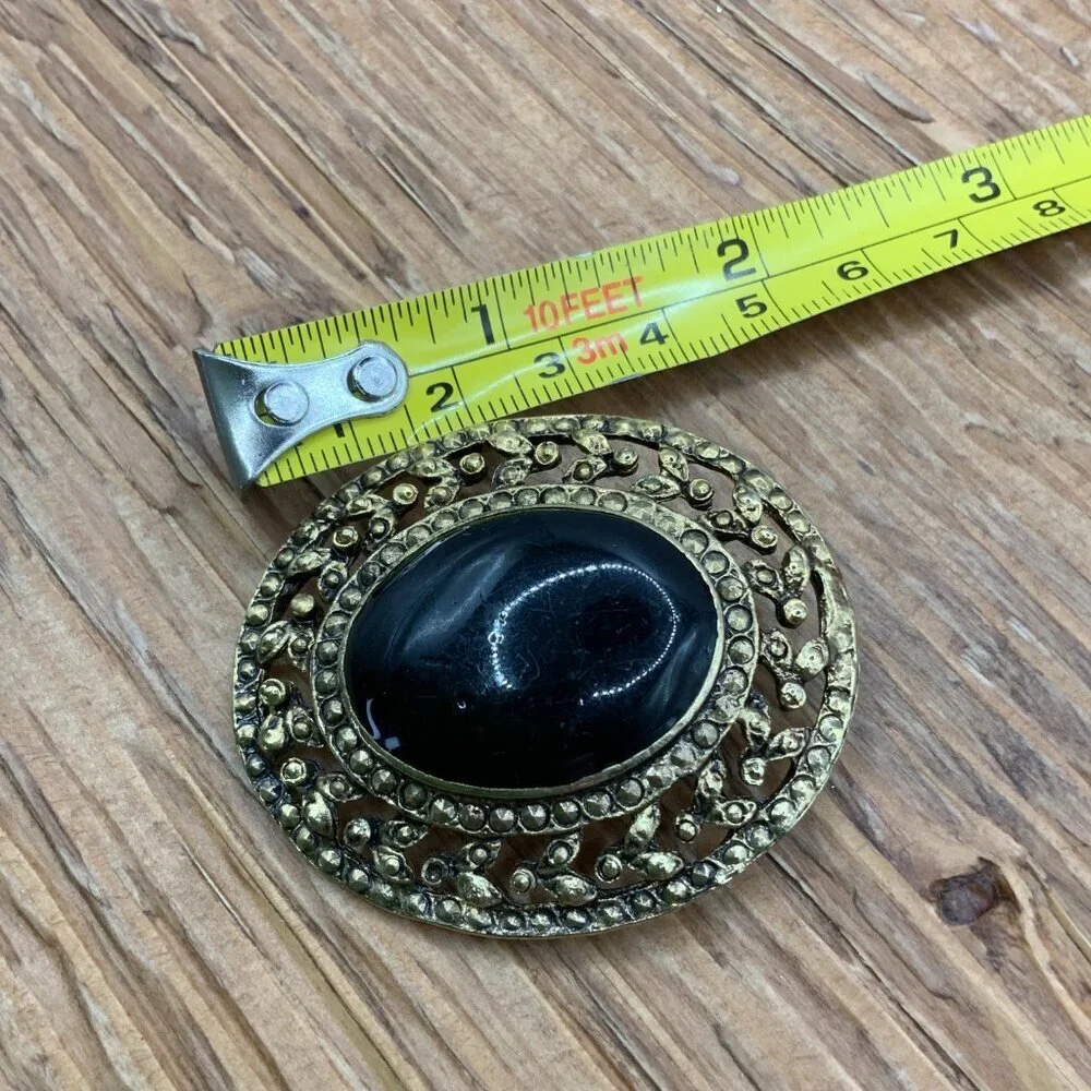 Victorian Revival Style Vintage Cabochon Gold Tone Metal Brooch